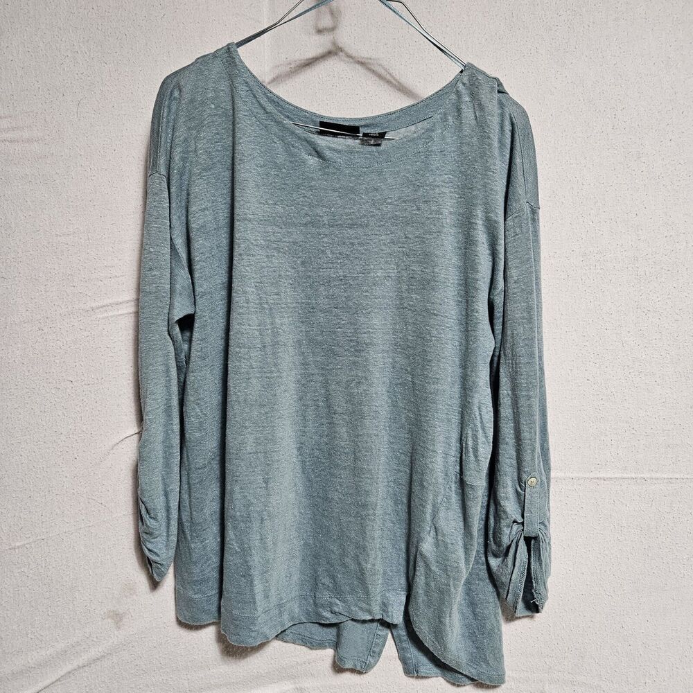 Adrienne Vittadini 100% Linen TEAL BLUE Light weight Tab‎ sleeve top Women's M